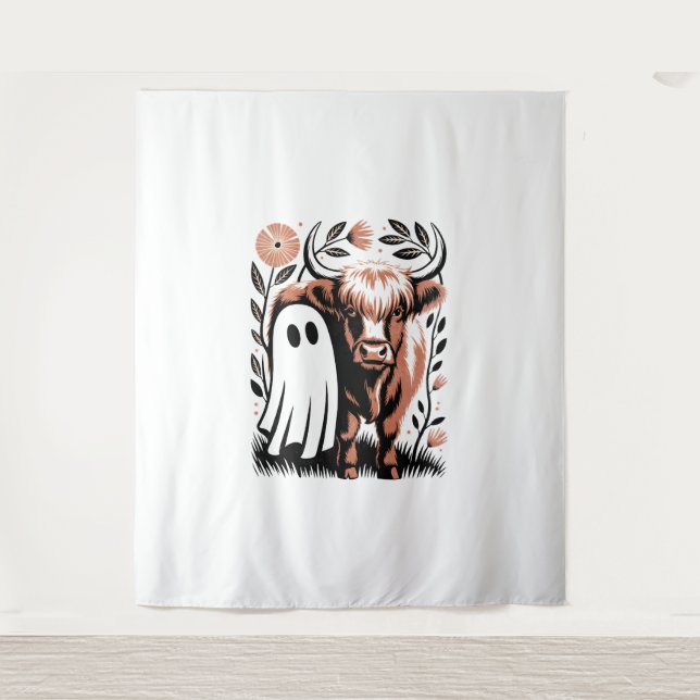 Rustic Highland Cow Ghost Halloween Tapestry (Front)