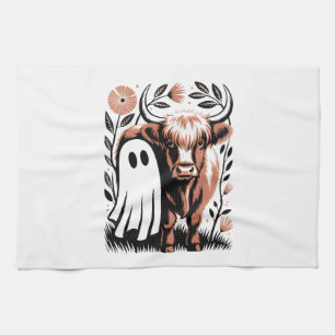 Rustic Highland Cow Ghost Halloween Tea Towel