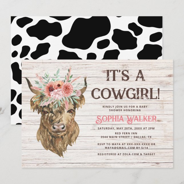 Rustic Highland Cow Girl Baby Shower Invitation (Front/Back)