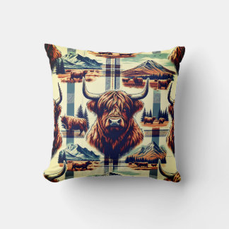 Rustic Highland Cow Plaid Throw Pillow