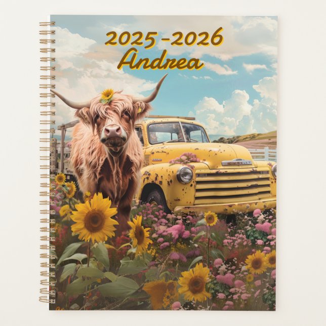 Rustic Highland Cow Vintage Truck Sunflowers  Planner (Front)