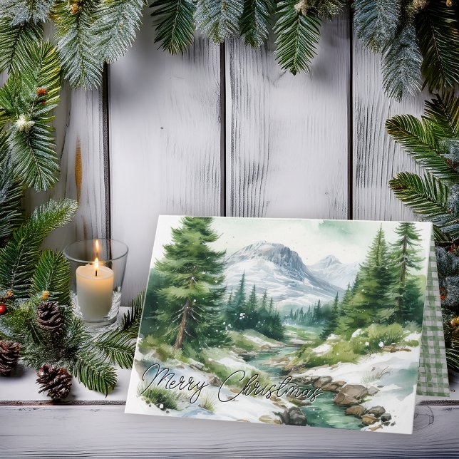 Rustic Highlands Mountain Scene Merry Christmas Holiday Card (Rustic Highlands Mountain Winter Snowy Scene "Merry Christmas" Folded Holiday Card)