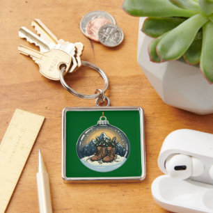Rustic Hiking Boots Mountain Scene Christmas Key Ring