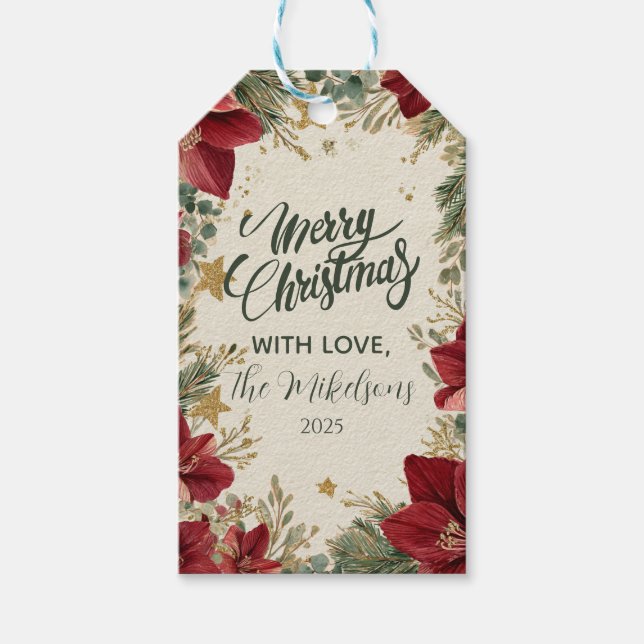 Rustic Holiday Amaryllis Christmas Gift Tags (Front)