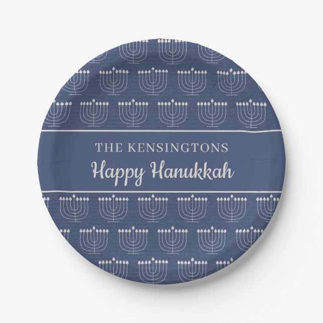 Rustic Holiday Blue White Menorah Hanukkah Paper Plate (Front)
