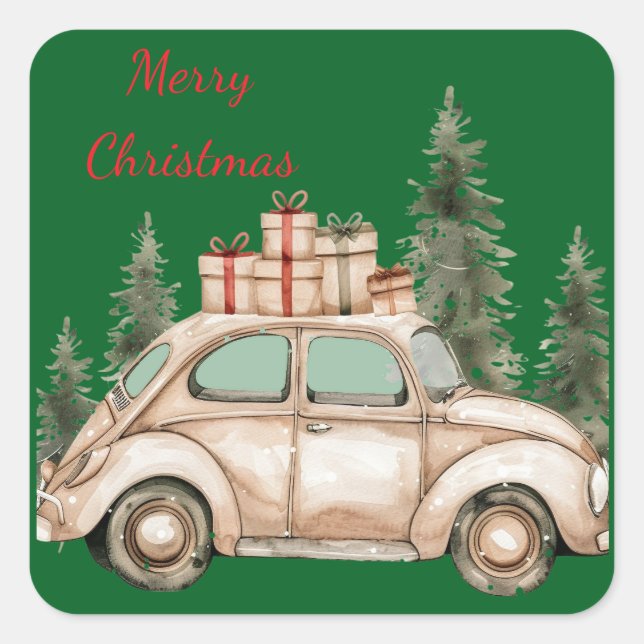 Rustic Holiday Car Green Trees Square Sticker (Front)