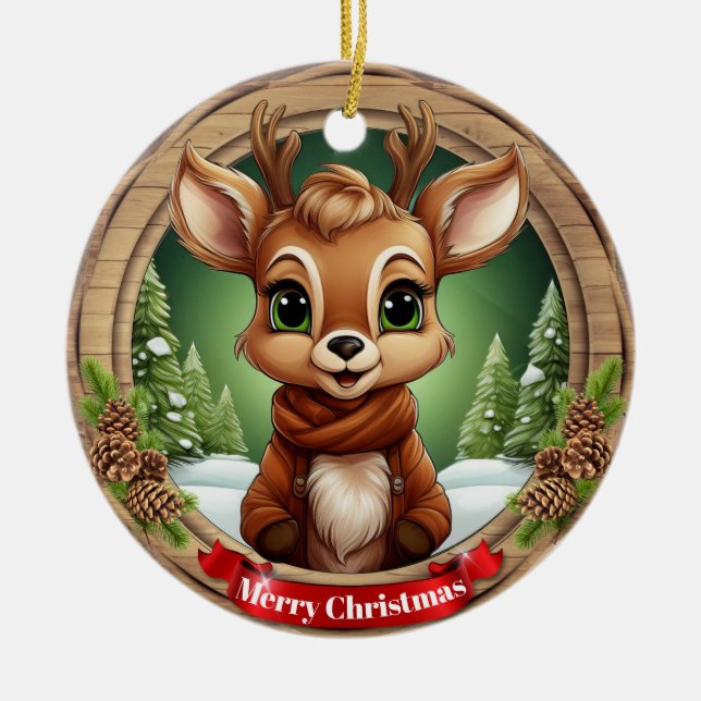 Rustic Holiday Character Xmas Reindeer Gift 🦌🎄 Ceramic Tree Decoration (Front)