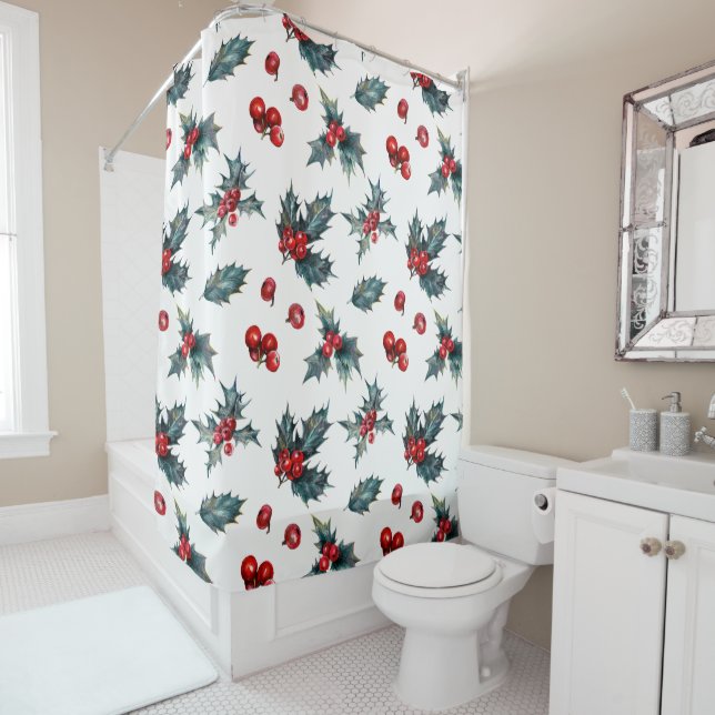 Rustic Holiday Christmas Winter Holly Berries Shower Curtain (In Situ)