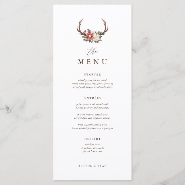 Rustic Holiday Dinner Winter Wedding Table Menu (Front)