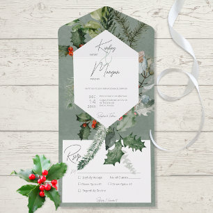 Rustic Holiday Greenery & Red Berries Dinner All In One Invitation
