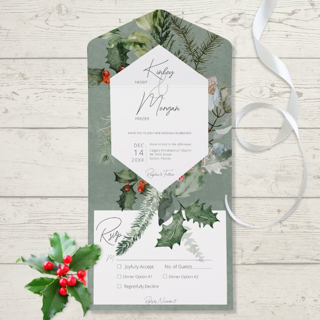 Rustic Holiday Greenery & Red Berries Dinner All In One Invitation (Also available without dinner selection options or with a QR code.)