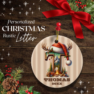 Rustic Holiday Initial T Personalizable Ceramic Tree Decoration