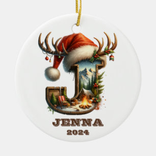 Rustic Holiday Letter J with Winter Camping Scene Ceramic Tree Decoration