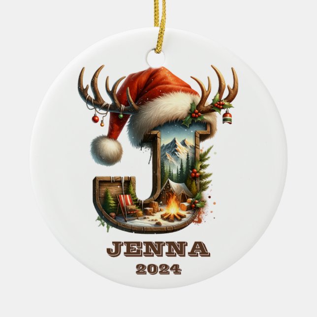 Rustic Holiday Letter J with Winter Camping Scene Ceramic Tree Decoration (Front)