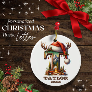 Rustic Holiday Letter T Christmas Keepsake Ceramic Tree Decoration