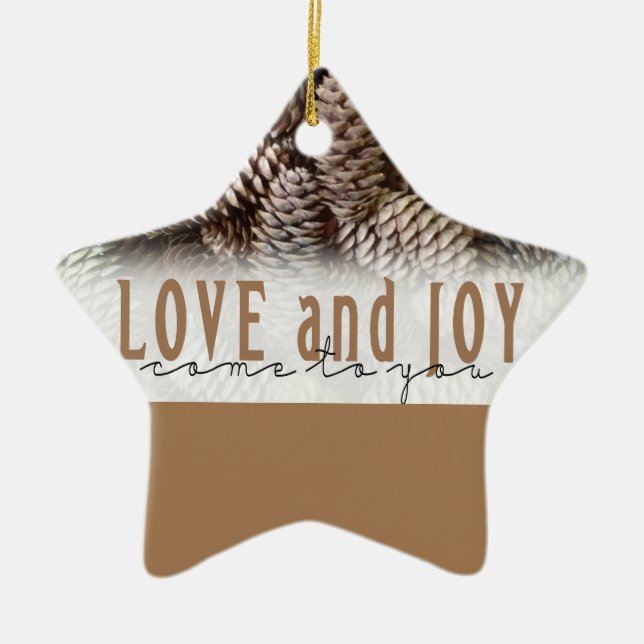 Rustic Holiday Love and Joy Pine Cone Ceramic Tree Decoration (Front)
