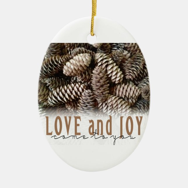Rustic Holiday Love and Joy Pine Cone Ceramic Tree Decoration (Front)