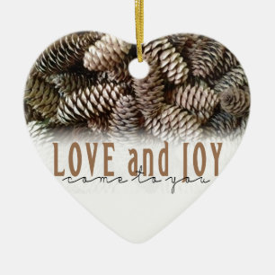 Rustic Holiday Love and Joy Pine Cone Ceramic Tree Decoration