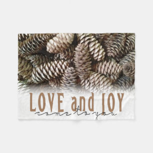 Rustic Holiday Love and Joy Pine Cone Fleece Blanket