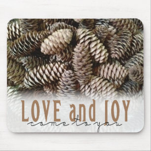 Rustic Holiday Love and Joy Pine Cone Mouse Mat