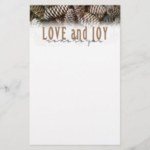 Rustic Holiday Love and Joy Pine Cone Stationery