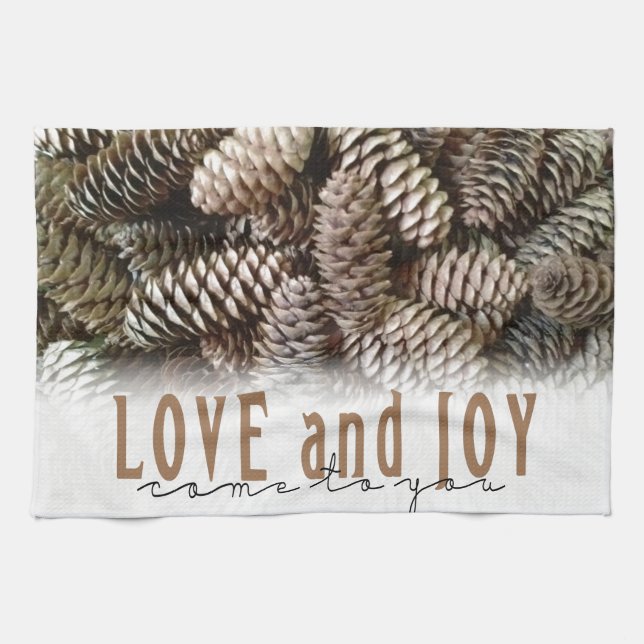 Rustic Holiday Love and Joy Pine Cone Tea Towel (Horizontal)