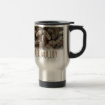 Rustic Holiday Love and Joy Pine Cone Travel Mug<br><div class="desc">Festive, rustic pine cones accentuate this classic, elegant design wishing holiday Love and Joy.</div>