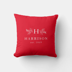 Rustic holiday monogram red newlywed photo cushion