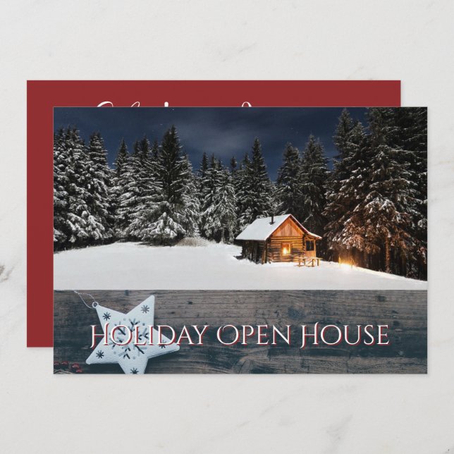Rustic Holiday Open House Party Snow Cabin Invitation (Front/Back)