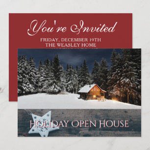 Rustic Holiday Open House Party Snow Cabin Invitation