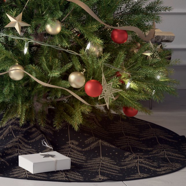 Rustic Holiday Pine Tree Pattern Black Gold Brushed Polyester Tree Skirt (Creator Uploaded)