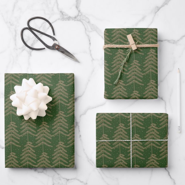 Rustic Holiday Pine Tree Pattern Green Gold Wrapping Paper Sheet (Front)