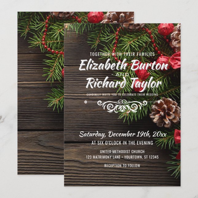 Rustic Holiday Pine Wreath Winter Wedding Invitation (Front/Back)