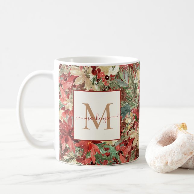 Rustic Holiday Poinsettia Christmas Monogram Coffee Mug (With Donut)