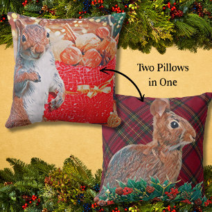 Rustic Holiday Rabbit and Squirrel Double-Sided Cushion