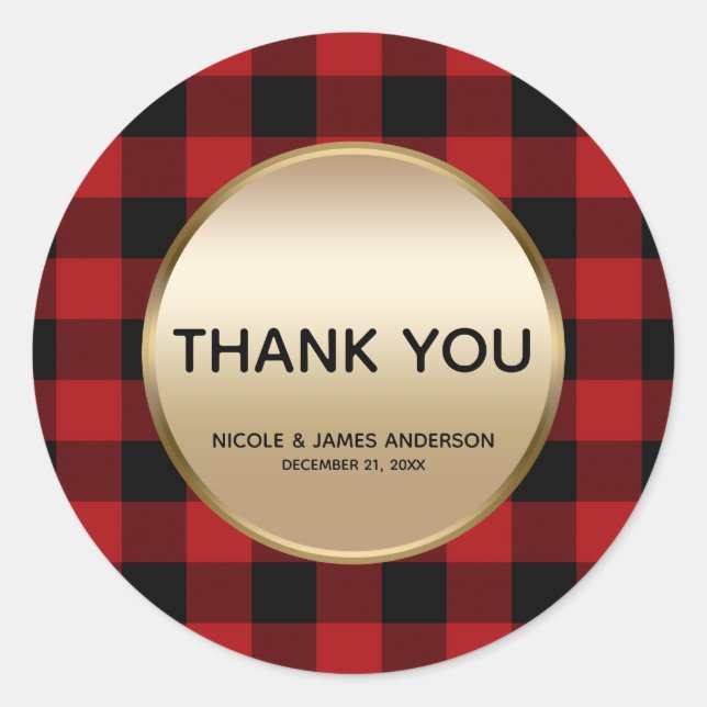 Rustic Holiday Red Buffalo Plaid Gold Favour Treat Classic Round Sticker (Front)