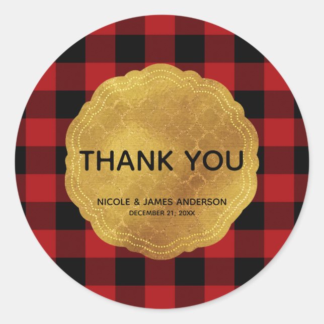 Rustic Holiday Red Buffalo Plaid Gold Glam Classic Round Sticker (Front)