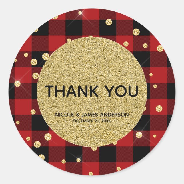 Rustic Holiday Red Buffalo Plaid Gold Glitter Classic Round Sticker (Front)