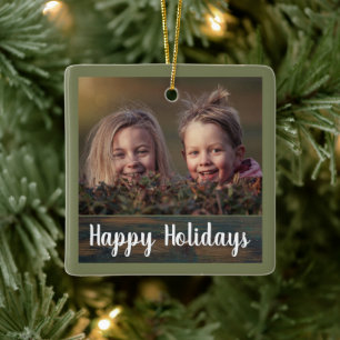 Rustic Holiday Script Custom Family Photo Ceramic Ornament