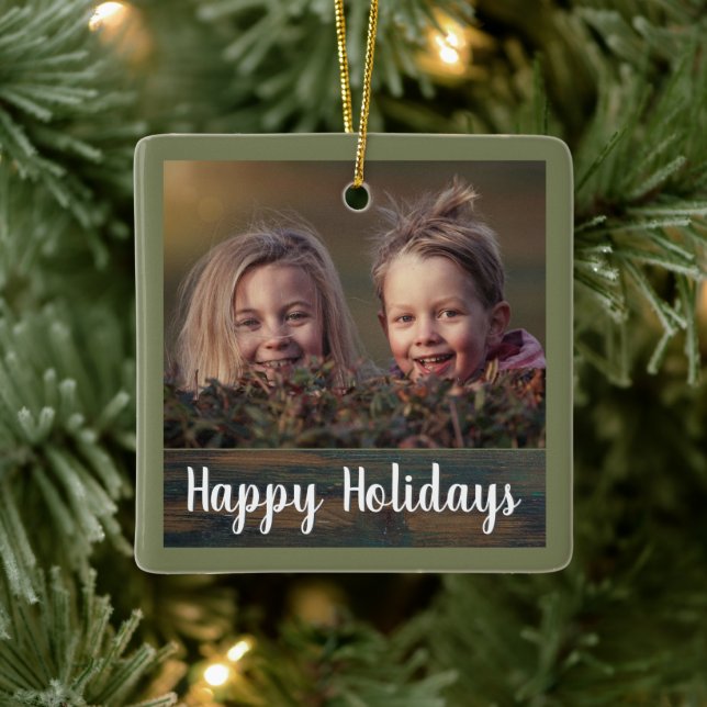 Rustic Holiday Script Custom Family Photo Ceramic Ornament (Tree)