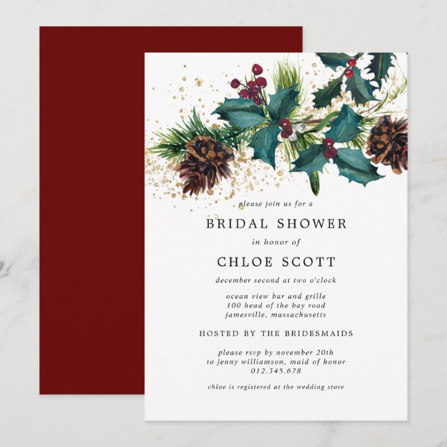 Rustic Holly and Berries Botanical Bridal Shower Invitation (Front/Back)