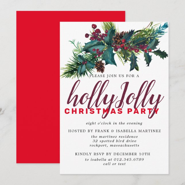 Rustic Holly and Berries Botanical Christmas Invitation (Front/Back)