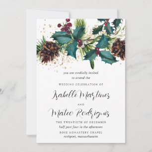 Rustic Holly and Berries Winter Botanical Wedding Invitation