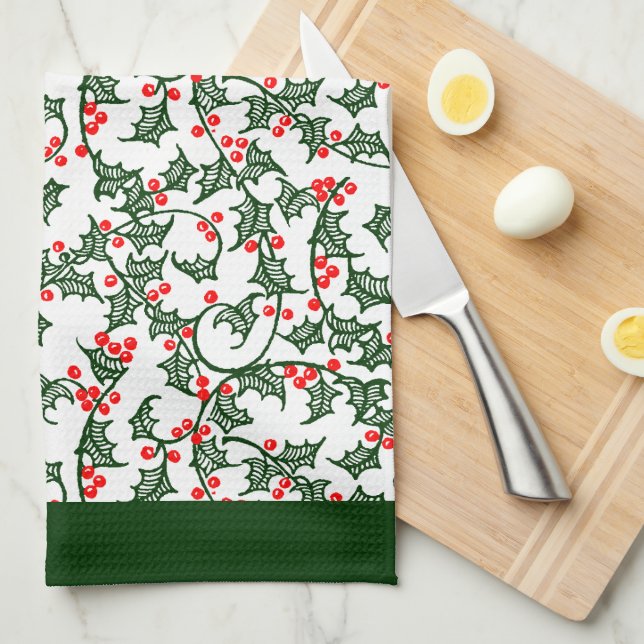 Rustic Holly and Berry Holiday Pattern on Green Tea Towel (Quarter Fold)
