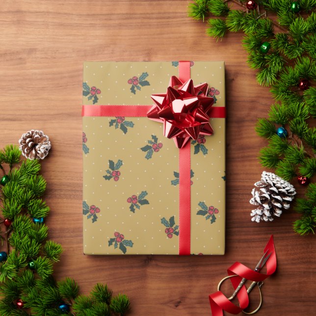 Rustic Holly and Polka dots-gold Wrapping Paper (Holiday Gift)