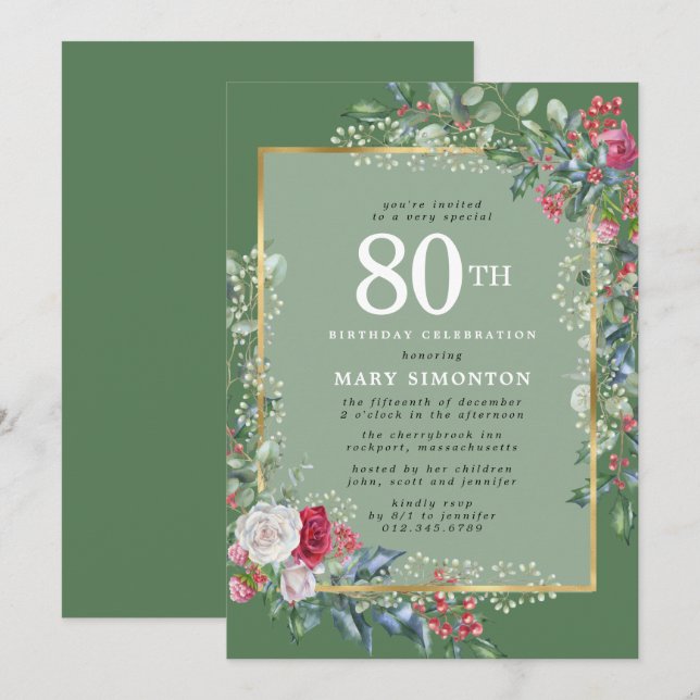 Rustic Holly Berries Botanical 80th Birthday Party Invitation (Front/Back)