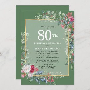 Rustic Holly Berries Botanical 80th Birthday Party Invitation