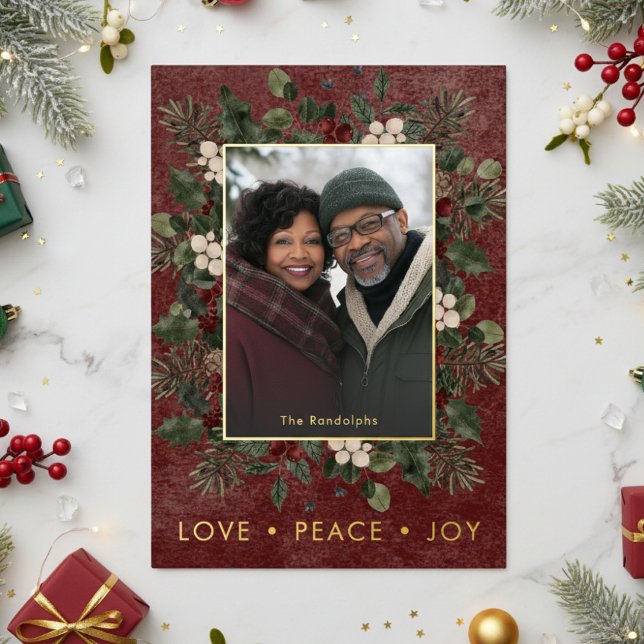 Rustic Holly Berries Burgundy Christmas Love Peace Foil Holiday Card (Creator Uploaded)