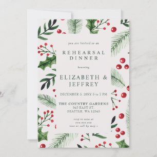 Rustic Holly Berries Christmas Rehearsal Dinner Invitation