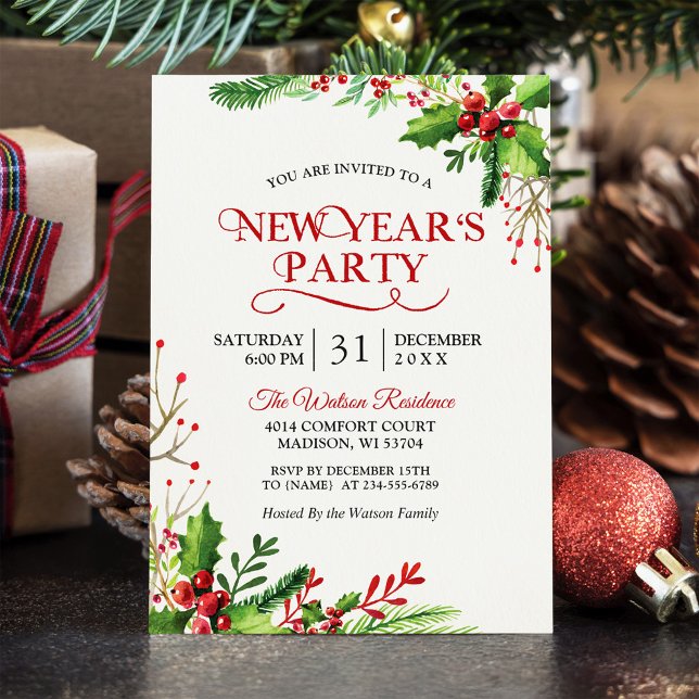 Rustic Holly Berries Classic New Year's Party Invitation (Creator Uploaded)